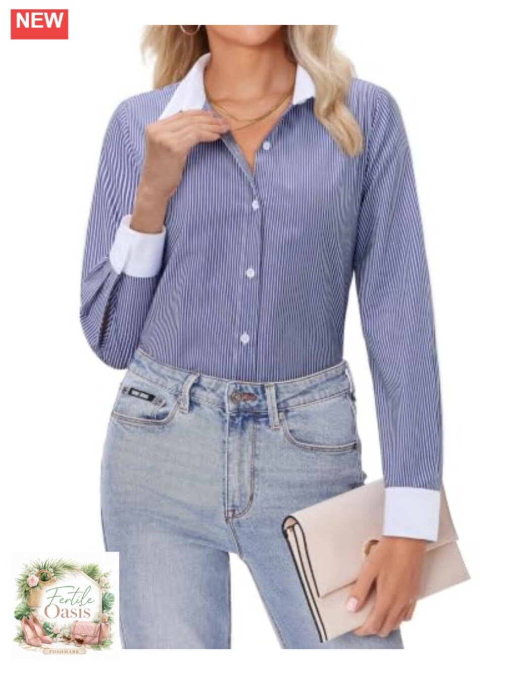 Striped Cotton Button Down Shirt Women Long Sleeve Spliced Collar Wrinkle